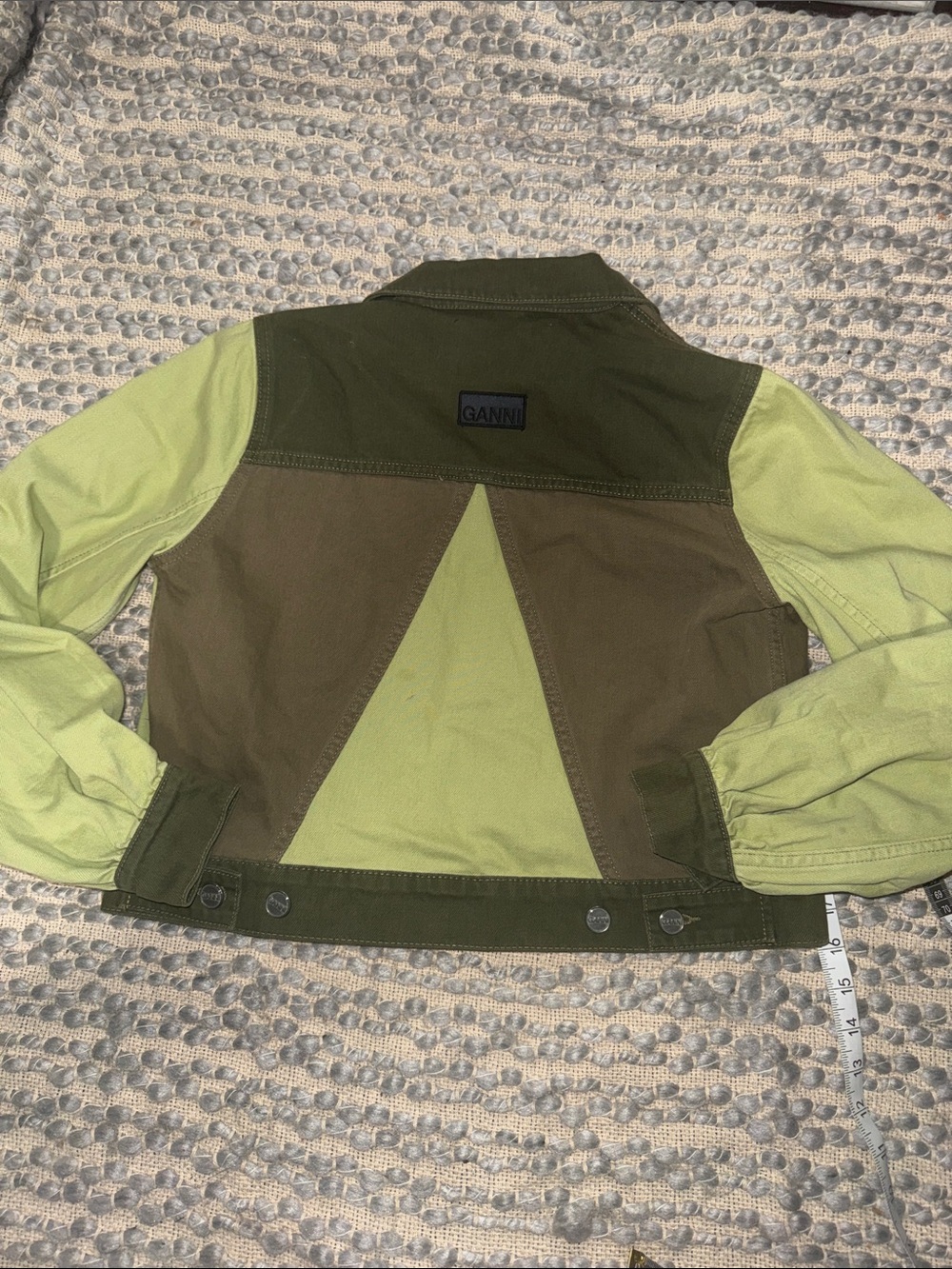 Ganni Two-Tone Olive and Lime Green Jean Jacket - Picture 9 of 11